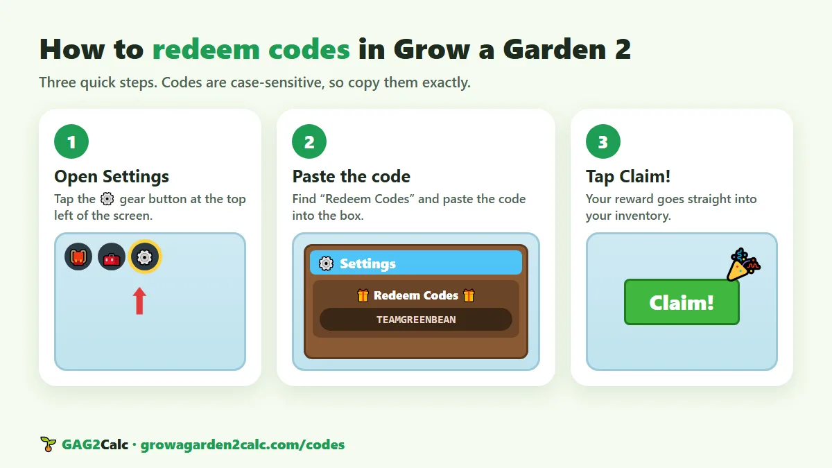 How to redeem codes in Grow a Garden 2: open Settings with the gear button, paste the code in Redeem Codes, tap Claim