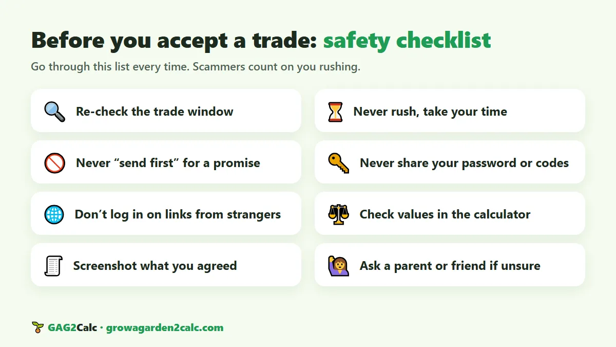 Grow a Garden 2 safe trading checklist with 8 checks to do before accepting a trade